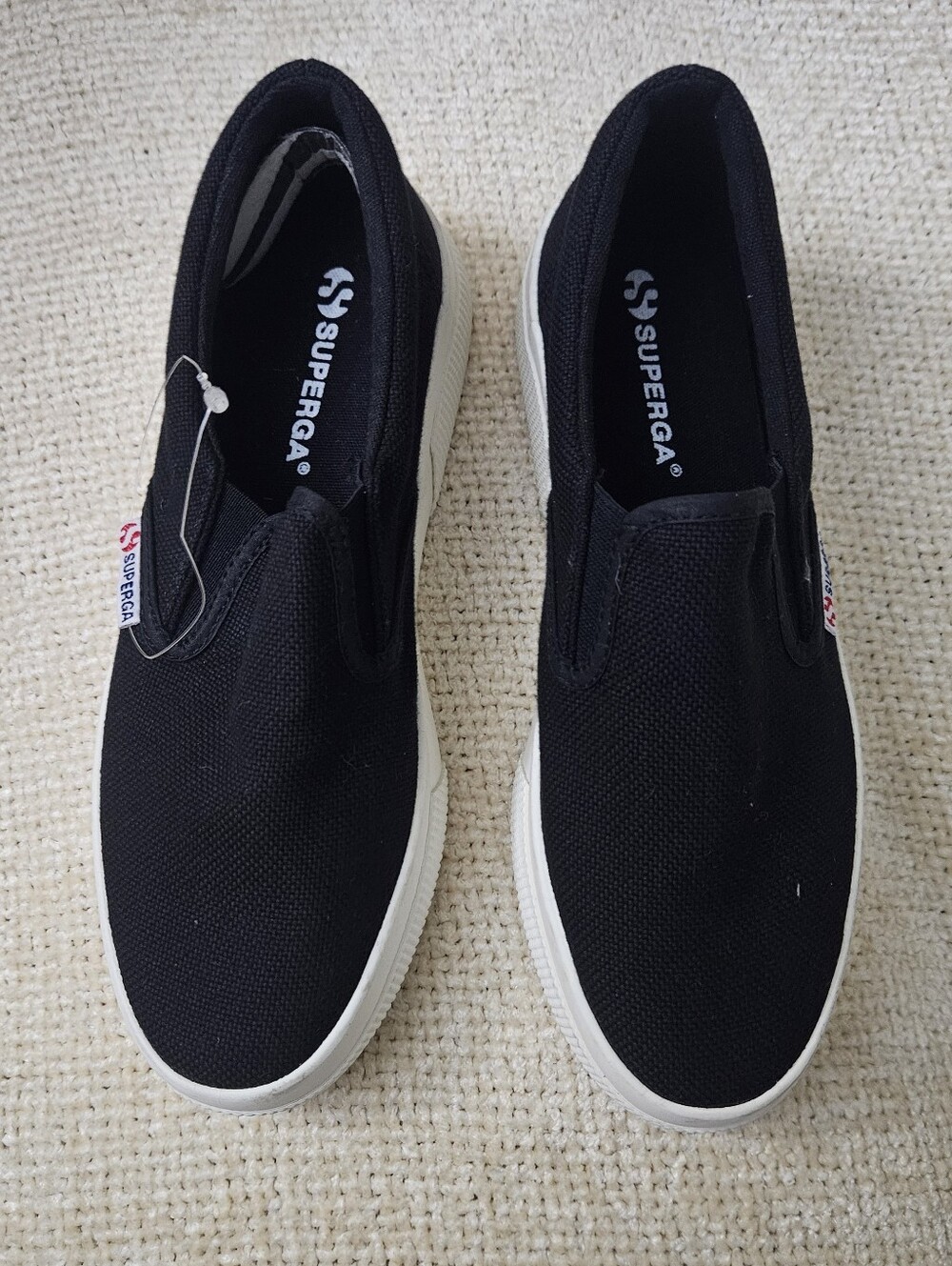 Superga Black Canvas Slip-On Sneakers with White Soles